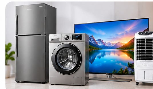 Realistic home appliances including refrigerator, washing machine, television and cooler